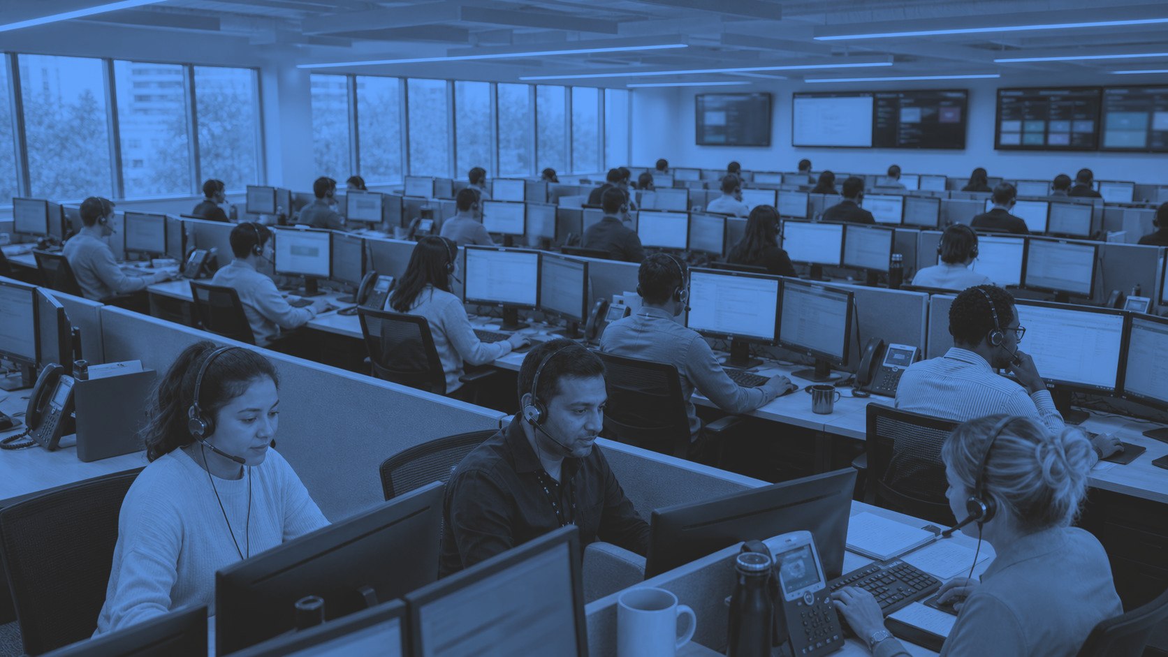 AnswerNet contact center floor with agents handling calls and chats on the SA Hosted platform