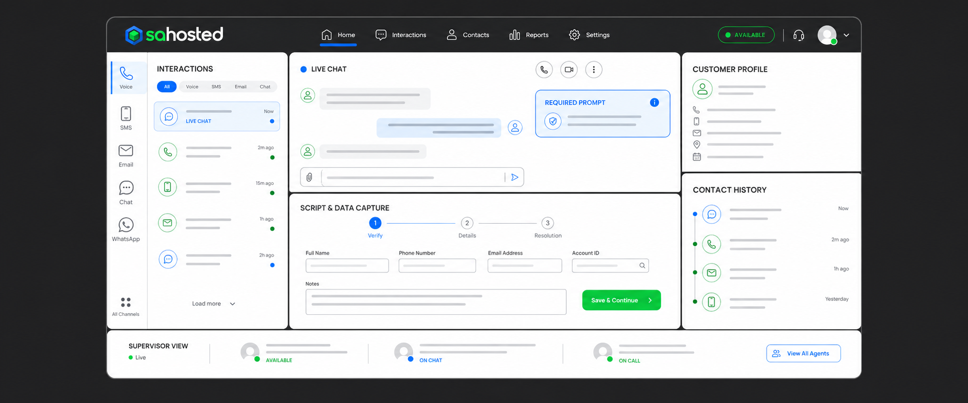 SA Hosted unified agent desktop showing omnichannel interactions, live chat, customer profile, script data capture, and supervisor view